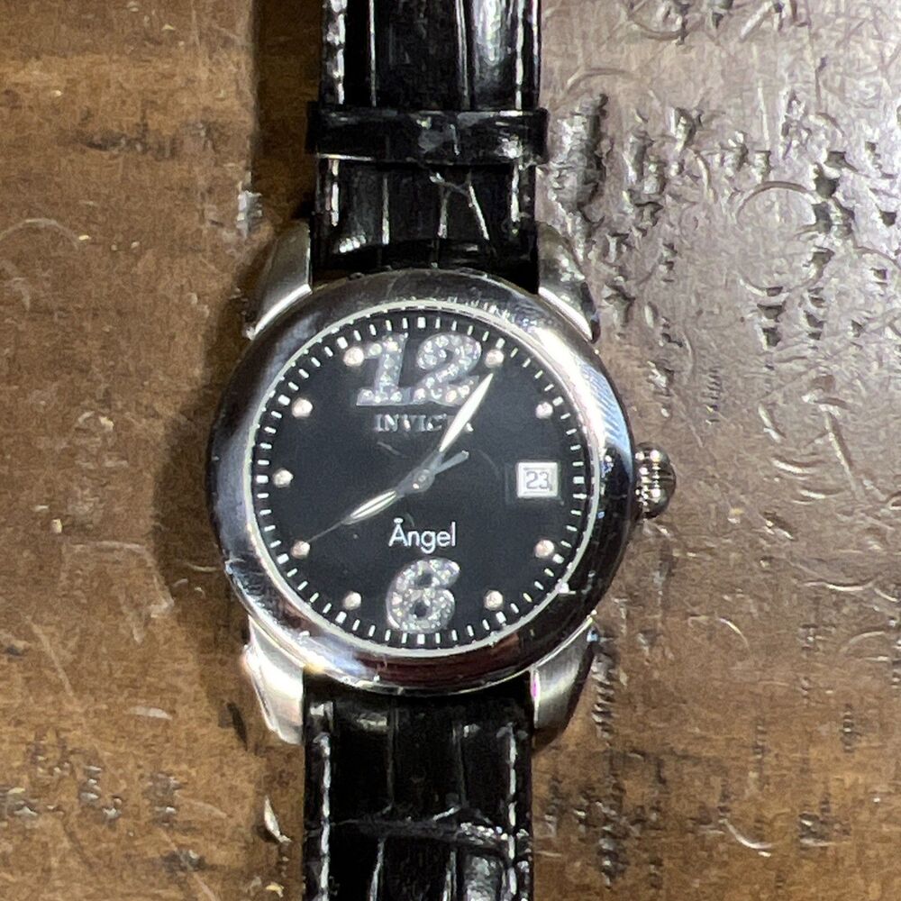 Invicta Angel Black Face Black Band Wristwatch Bling Date